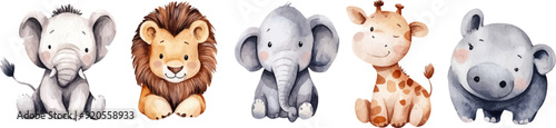 Set of cute watercolor baby animals on a white background
