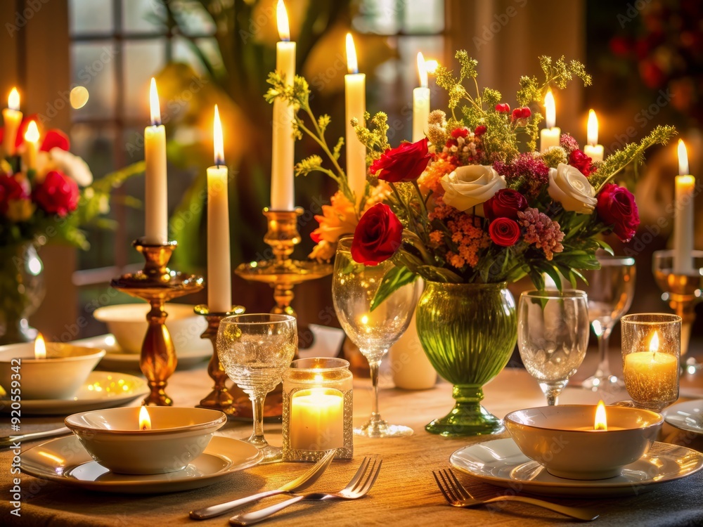Elegant table setting with candles, flowers, and fine china, adorned with a delicious multi-course meal, awaiting guests in a warm and inviting atmosphere. Elegant table setting with candles, flowers, and fine china, adorned with a delicious multi-course meal, awaiting guests in a warm and inviting atmosphere.