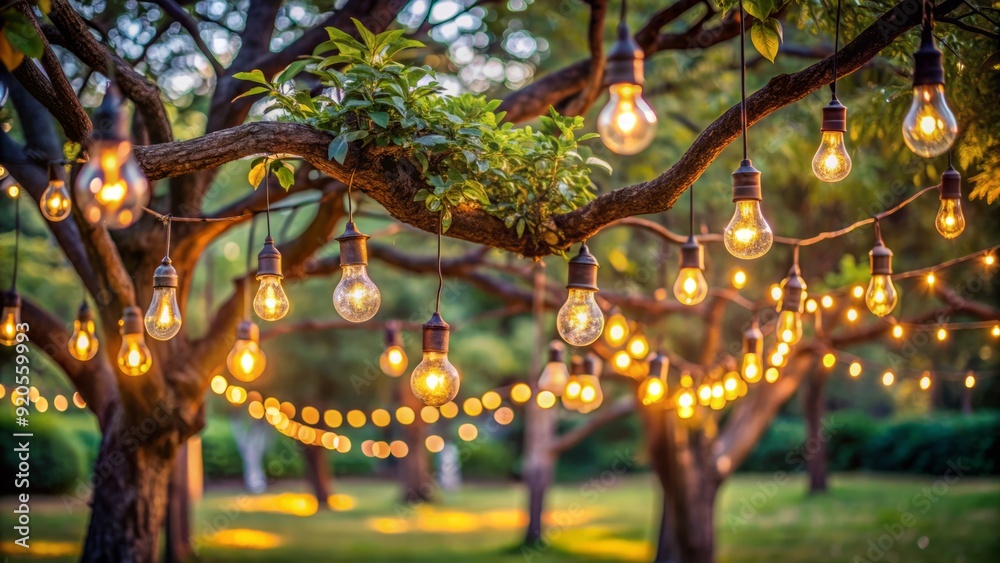 Fototapeta premium Vibrant outdoor string lights hang from a lush tree's branch, illuminating a serene garden setting, perfect for a romantic wedding ceremony or whimsical evening soiree.