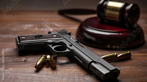 A handgun with bullets symbolizing gun rights while framed with a judge gavel and block