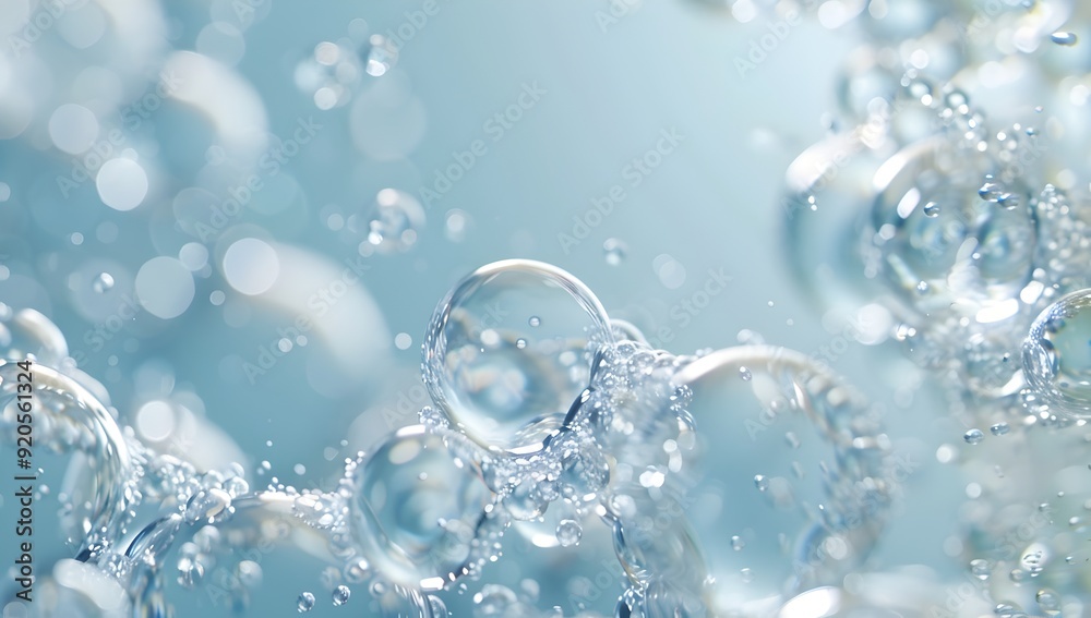 A close-up of water molecules in an abstract representation, with each one surrounded by clear glass spheres that form a pattern resembling carbon particles and structures on a light blue background A close-up of water molecules in an abstract representation, with each one surrounded by clear glass spheres that form a pattern resembling carbon particles and structures on a light blue background