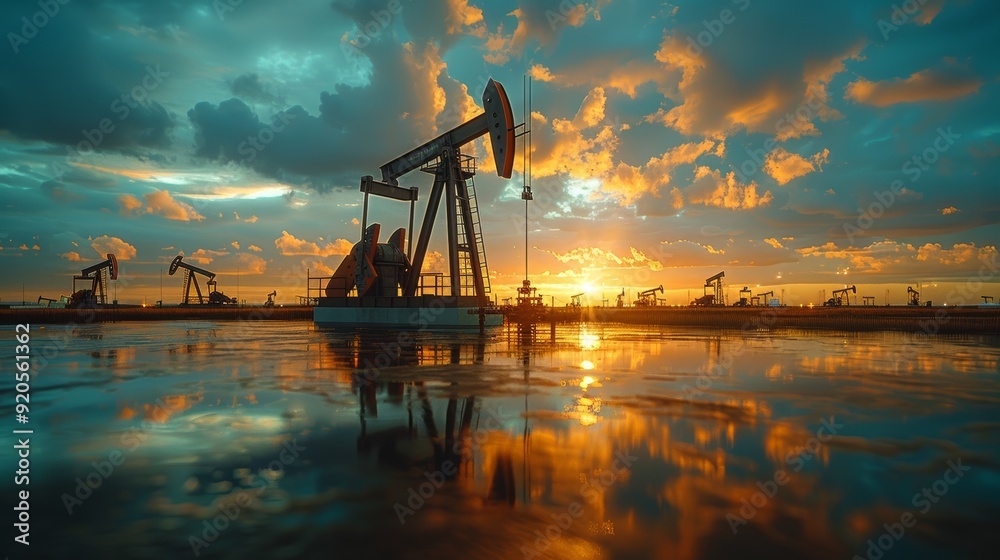 Oil pumps silhouetted against a stunning sunset with vibrant clouds reflected in the water at a rural oilfield Oil pumps silhouetted against a stunning sunset with vibrant clouds reflected in the water at a rural oilfield