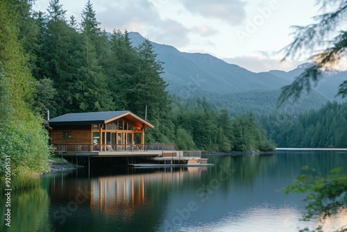 A cabin is on a lake surrounded by trees. The cabin is wooden and has a porch. The lake is calm and peaceful.