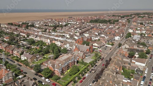 Aerial orbit view of Hoylake village centre, Wirral, Merseyside, England photo