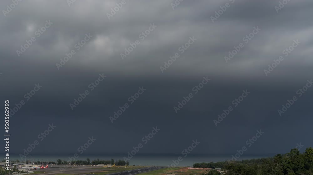 Timelapse Dark stormy clouds forming on gloomy sky before heavy rainfall over airport. Timelapse Dark stormy clouds forming on gloomy sky before heavy rainfall over airport.