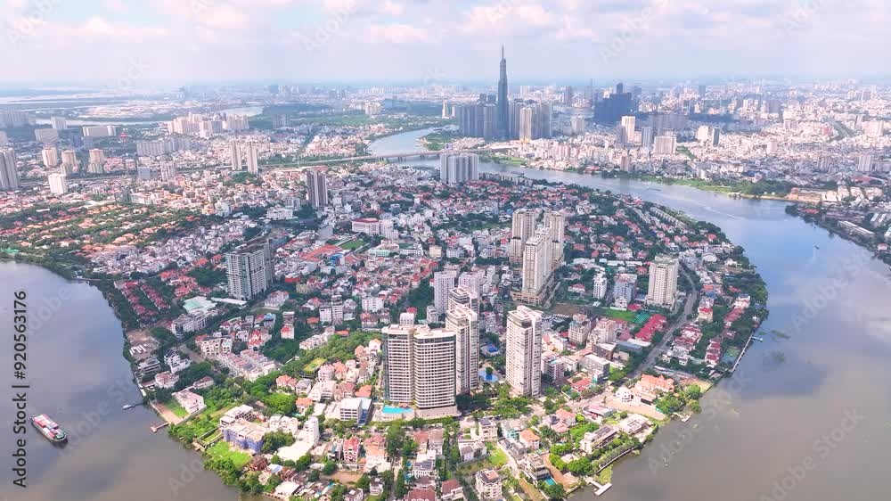 custom made wallpaper toronto digitalPanoramic view of Saigon, Vietnam from above at Ho Chi Minh City's central business district. Cityscape with Landmark 81 skyscraper and many buildings, local houses, rivers.