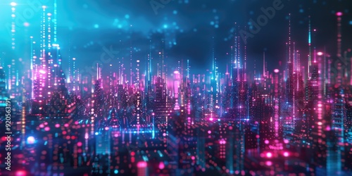 Cityscape Graphic. Neon Glow in Futuristic Urban Evening Landscape