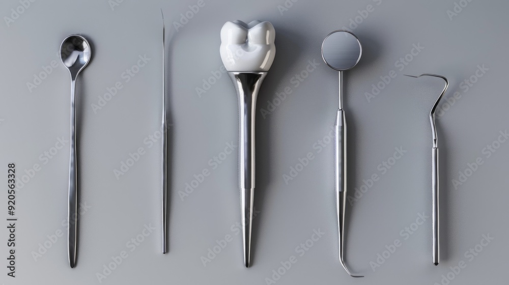 A set of dental instruments including a toothbrush, a toothpick, a dental mirror A set of dental instruments including a toothbrush, a toothpick, a dental mirror