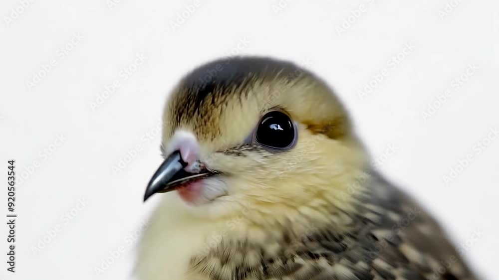 Close-up portrait of a beautiful young zebra dove bird with bright yellow feathers, looking to the side. The image is taken on a white background Close-up portrait of a beautiful young zebra dove bird with bright yellow feathers, looking to the side. The image is taken on a white background
