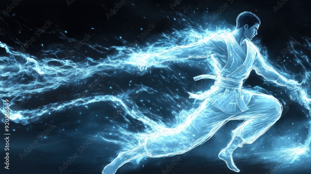 A man in a white suit is enveloped in blue energy, moving rapidly through the air. A man in a white suit is enveloped in blue energy, moving rapidly through the air.