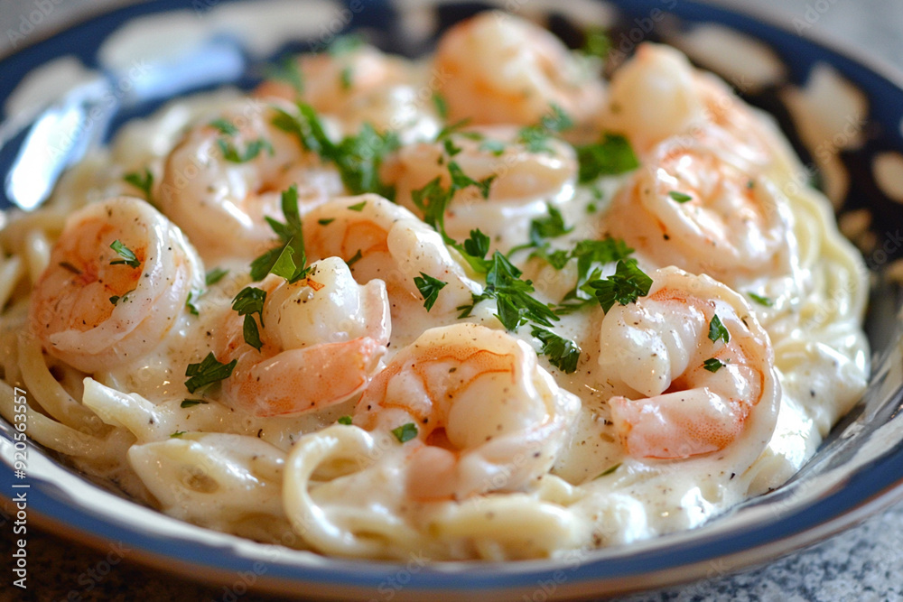 Creamy Shrimp Pasta. A delectable plate of creamy shrimp pasta with herbs, served in an inviting dish.