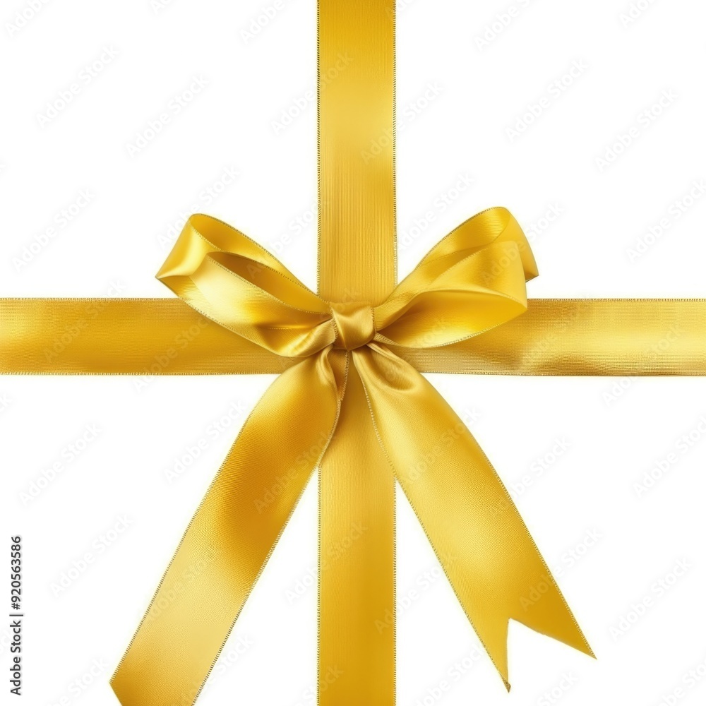Thin Ribbon. Yellow Bow Crossed with Ornamental Ribbon for Gift Decoration Thin Ribbon. Yellow Bow Crossed with Ornamental Ribbon for Gift Decoration