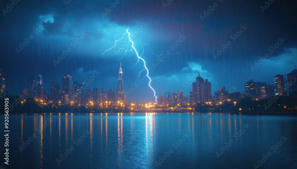 Fototapeta premium Lightning strike illuminating cityscape during night storm
