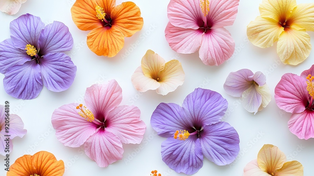 With a white background and a space for text, this tropical floral pattern features various hibiscus flower colors such as orange, purple, and pink With a white background and a space for text, this tropical floral pattern features various hibiscus flower colors such as orange, purple, and pink