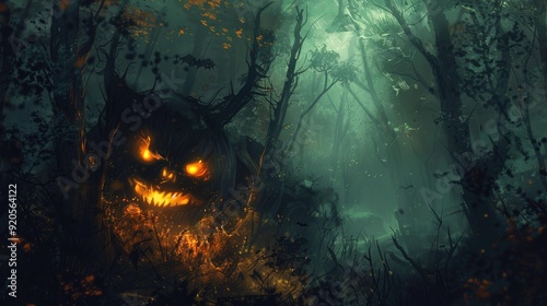 scary halloween background with yellow light pumpkin photo