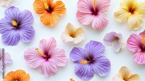 With a white background and a space for text, this tropical floral pattern features various hibiscus flower colors such as orange, purple, and pink