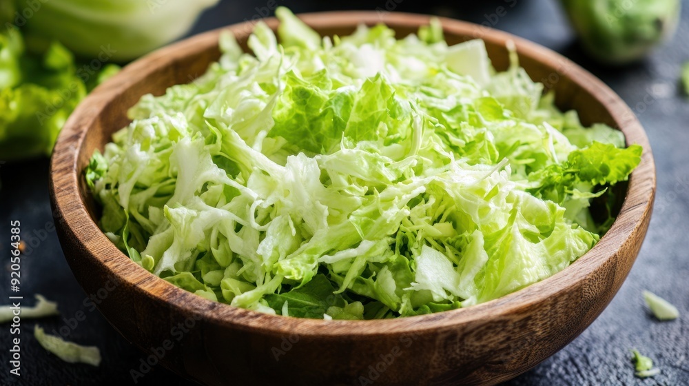 Freshly Chopped Green Cabbage in Wooden Bowl Freshly Chopped Green Cabbage in Wooden Bowl