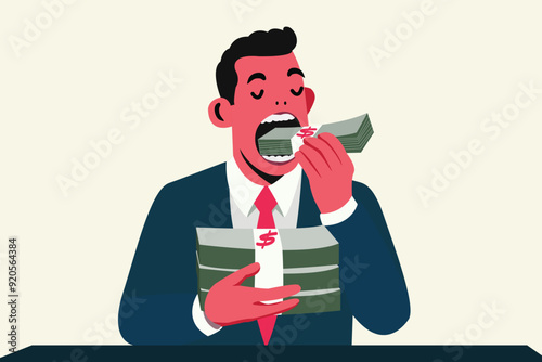corruption concept. business man - politician government eating money. minimal flat cartoon vector