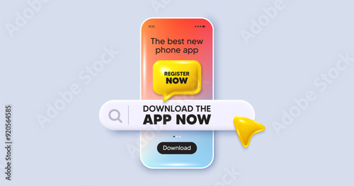 Download the app now. Phone mockup screen. Register now tag. Free registration offer. Create an account message. Phone download app search bar. Register now text message. Vector