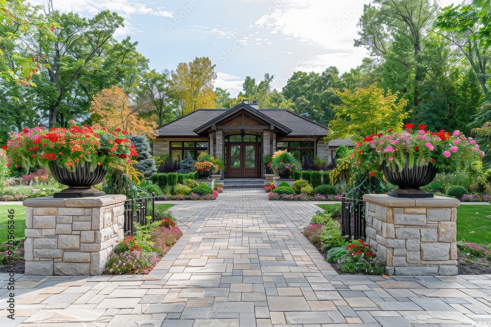 Elegant country home front yard with stone walls, large flower pots at entrance, inviting patio, and lush trees and shrubs in natural daytime lighting. Elegant country home front yard with stone walls, large flower pots at entrance, inviting patio, and lush trees and shrubs in natural daytime lighting.