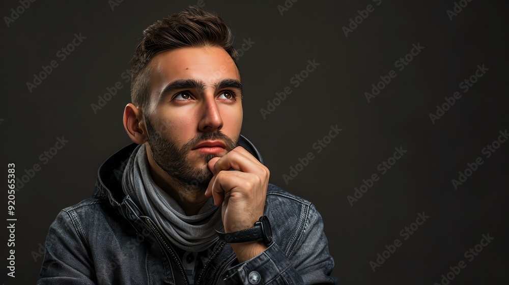 A man with a beard, wearing a denim jacket, looks up and to the side in thought. A man with a beard, wearing a denim jacket, looks up and to the side in thought.