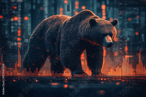 Bear with stock chart overlay, urban background