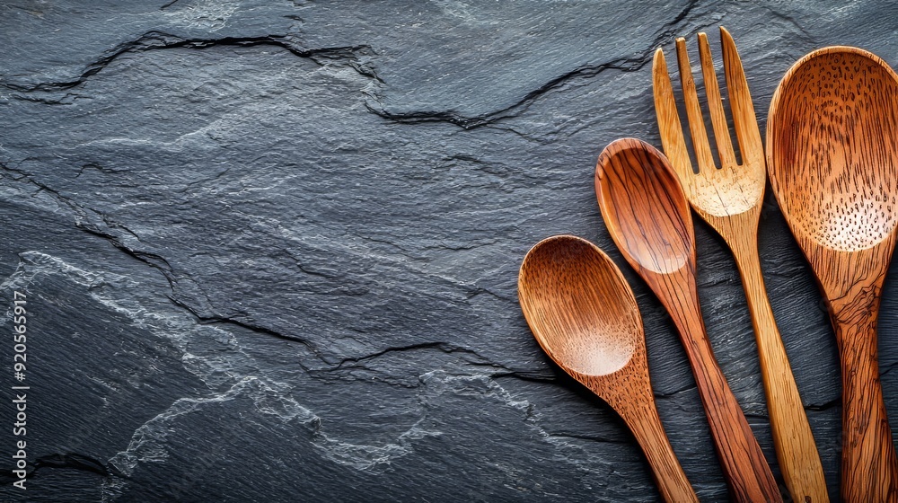 On black slate with space for text, wooden spoon and fork can be seen from the top On black slate with space for text, wooden spoon and fork can be seen from the top