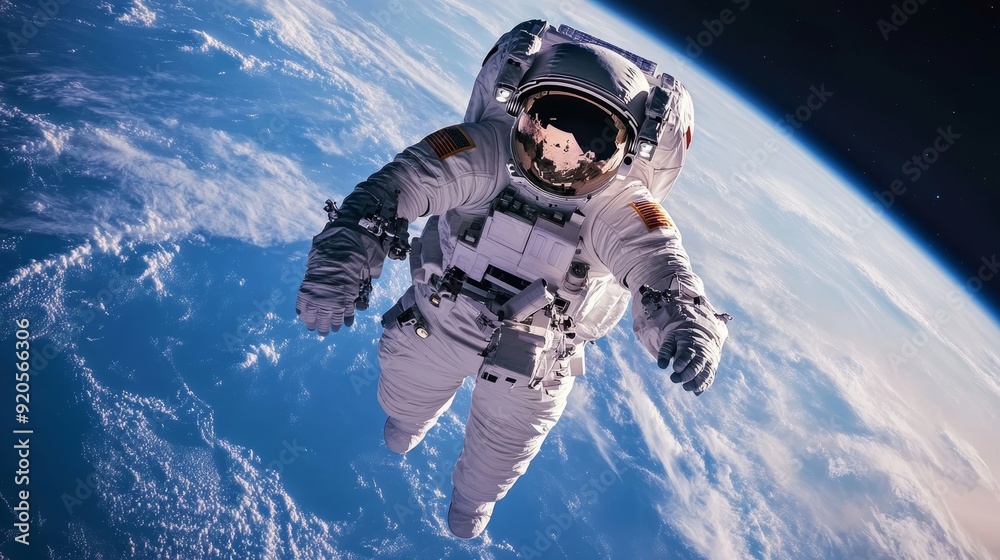 Astronaut tethered to spaceship floats in space with planet earth in the background Astronaut tethered to spaceship floats in space with planet earth in the background
