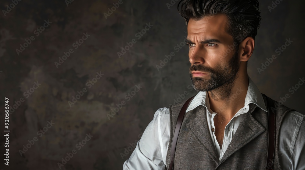 A man with a beard in a vest and white shirt looks off to the side with a serious expression. A man with a beard in a vest and white shirt looks off to the side with a serious expression.