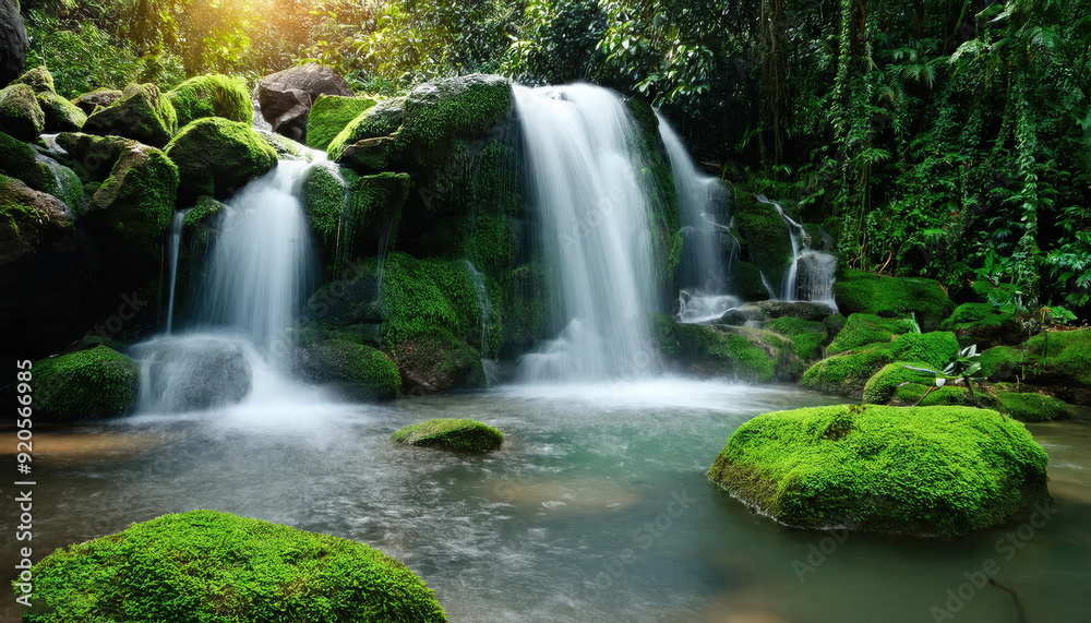 Tropical waterfall in the forest cascading over wet moss rocks with green leaves Tropical waterfall in the forest cascading over wet moss rocks with green leaves