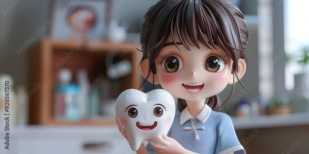 Adorable 3D character holding a tooth model, emphasizing the theme of dental health and care. This charming design showcases a friendly dentist promoting oral hygiene, making it a perfect addition for Adorable 3D character holding a tooth model, emphasizing the theme of dental health and care. This charming design showcases a friendly dentist promoting oral hygiene, making it a perfect addition for