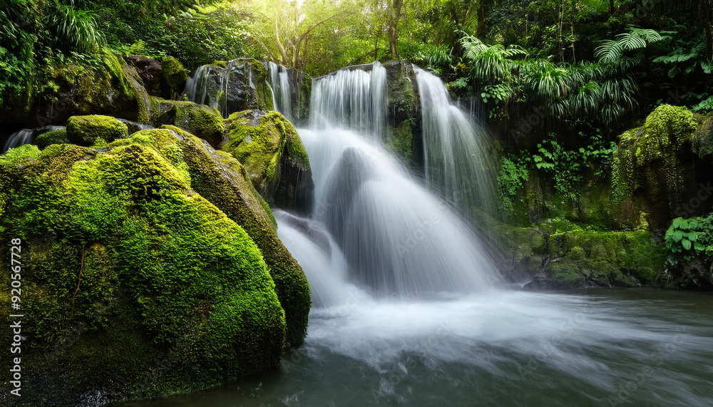 Tropical waterfall in the forest cascading over wet moss rocks with green leaves Tropical waterfall in the forest cascading over wet moss rocks with green leaves
