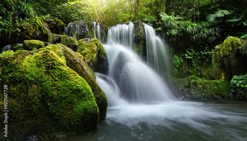 Tropical  waterfall in the forest cascading over wet moss rocks with green leaves