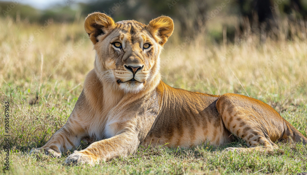 Young lioness resting in the savanna grass watching for danger Young lioness resting in the savanna grass watching for danger