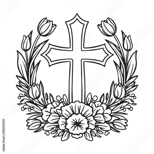 floral cross with wreath vector illustration