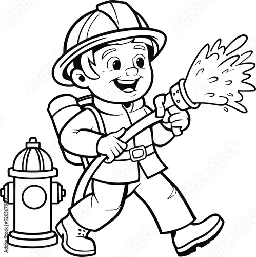 cartoon firefighter man spraying water outline illustration