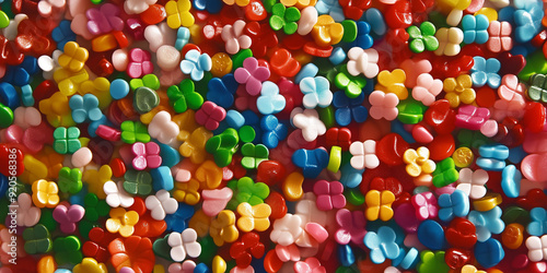 A close-up of tiny, colorful, flower-shaped candies in various vibrant hues, representing sweetness, joy, and a visually delightful, whimsical aesthetic. photo