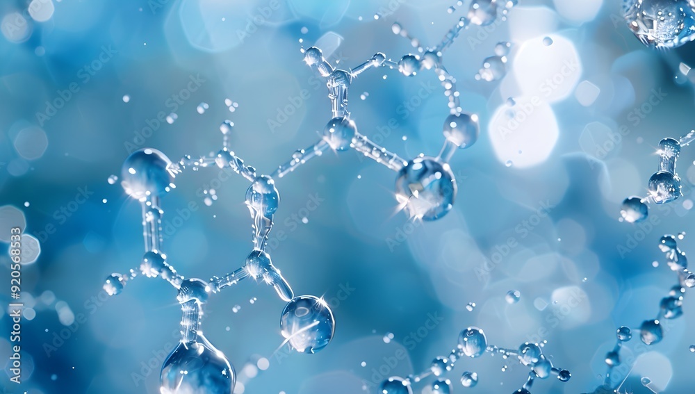 Water molecules and carbon layered on the chromatic background, in the scientific style, with chemical structure details in the foreground. The composition is symmetrical and balanced Water molecules and carbon layered on the chromatic background, in the scientific style, with chemical structure details in the foreground. The composition is symmetrical and balanced