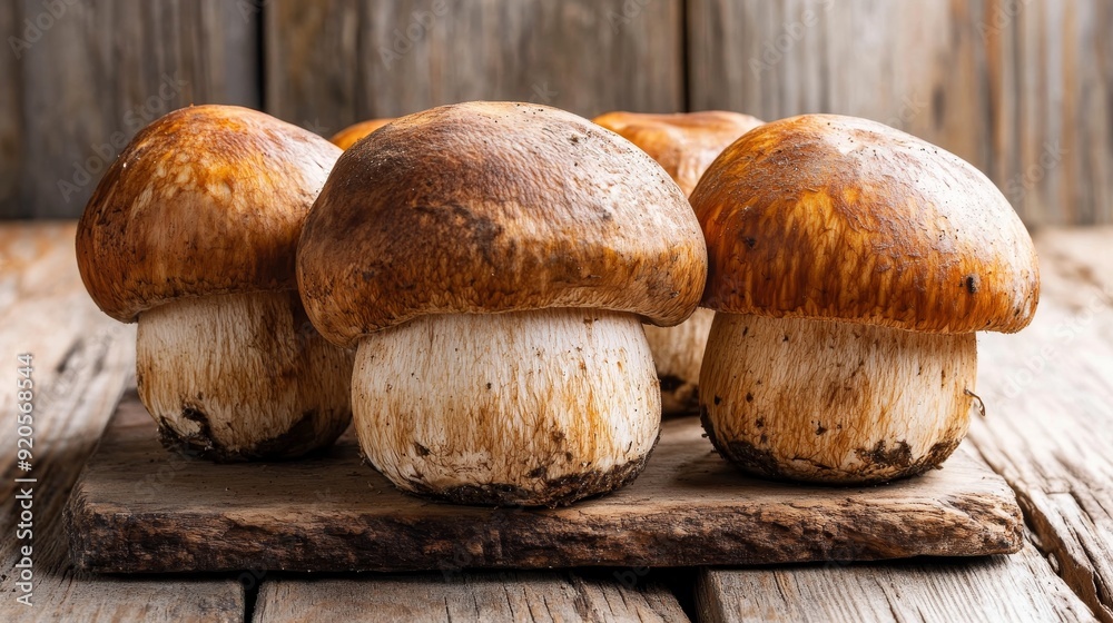 Fresh boletus mushrooms displayed on a rustic wooden surface in a natural setting