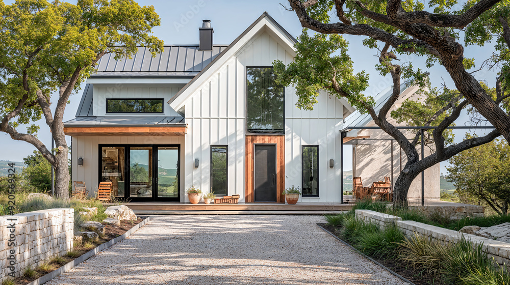 Modern farmhouse exterior with gravel driveway and landscaping Modern farmhouse exterior with gravel driveway and landscaping