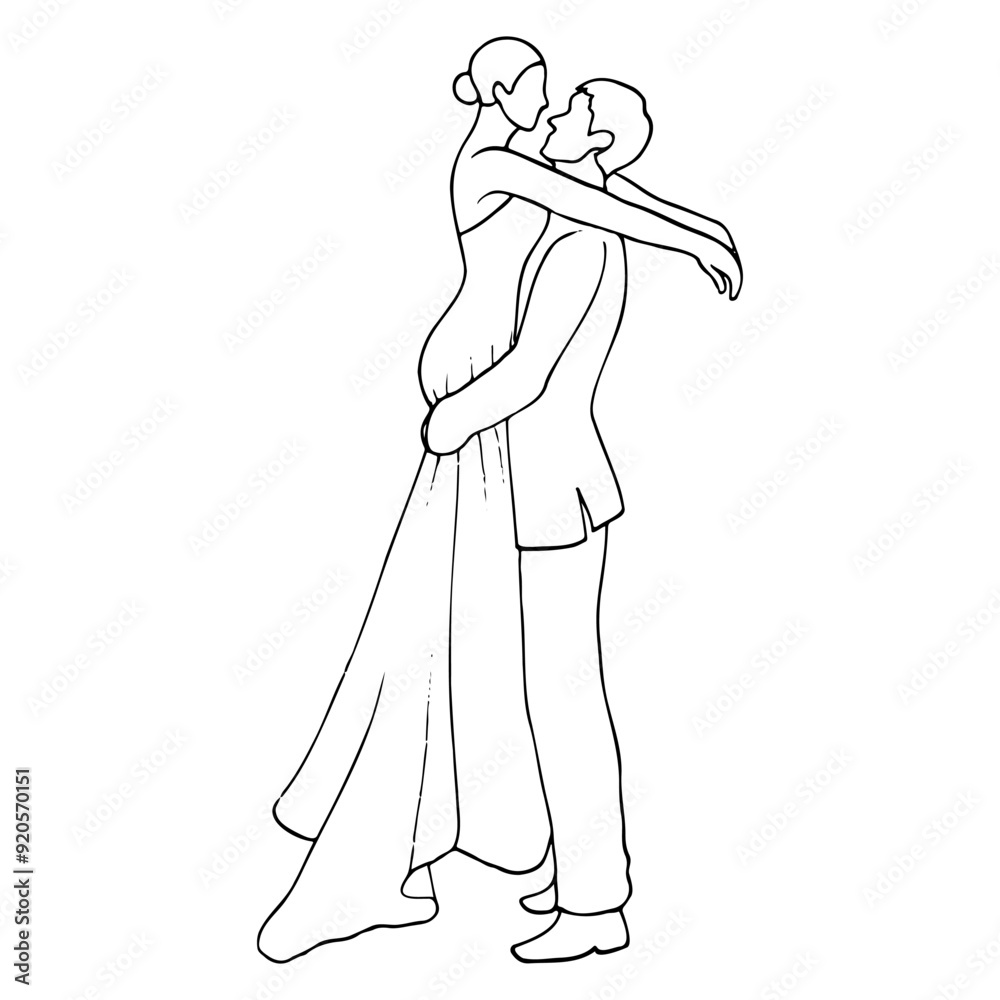 man lifted a standing woman in a long evening dress - hand drawn sketch man lifted a standing woman in a long evening dress - hand drawn sketch