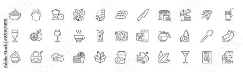 Chef, Fast food and Coffeepot line icons. Pack of Pasta, Spoon, Martini glass icon. Cooking hat, Burger, Seafood pictogram. Bread, Food delivery, Orange. Sausage, Water glass, Cocktail. Vector