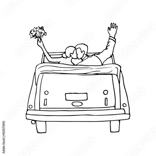 newlyweds in an open car kissing - hand drawn sketch