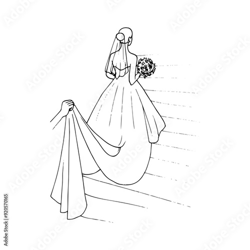  bride climbs the steps of the stairs, her hem is supported by the bridesmaid - hand-drawn sketch