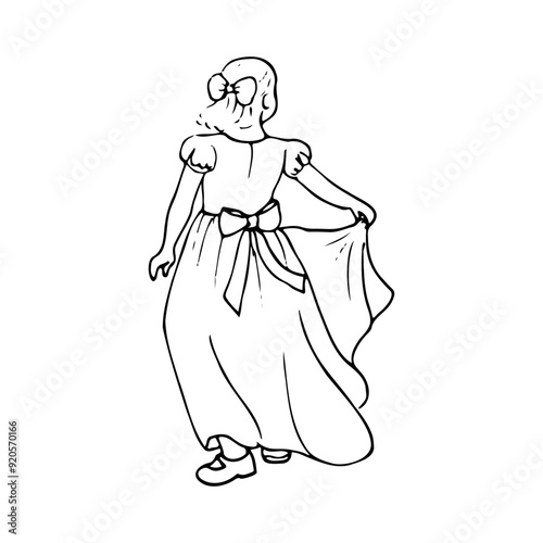 little girl in a long dress dancing with herself - hand drawn sketch