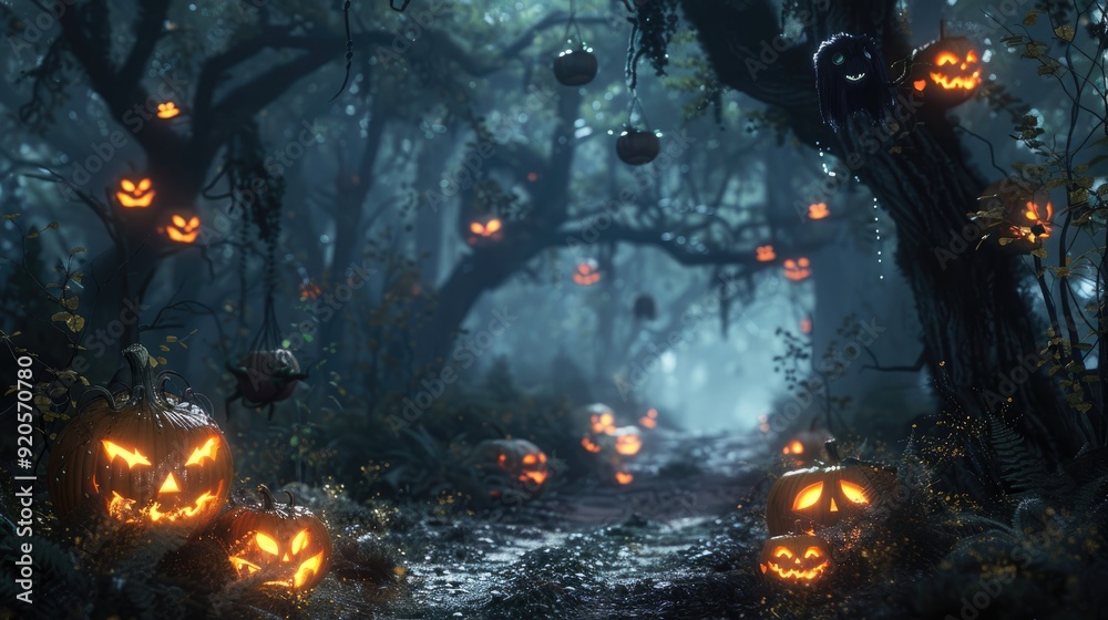 bunch of jack o lantern in scary night forest background bunch of jack o lantern in scary night forest background