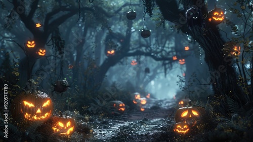 bunch of jack o lantern in scary night forest background photo