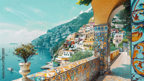Italian coast landscape, Amalfi beach and colorful ethnic ceramic tiles. Summer, sea life. 300 DPI
