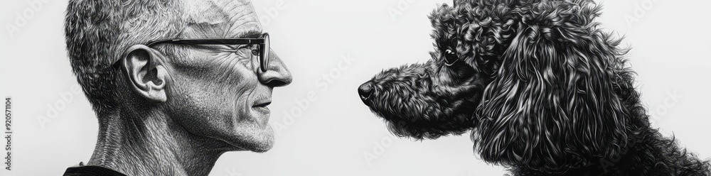 Drawing of a Golden Doodle next to a man with glasses and balding hair Drawing of a Golden Doodle next to a man with glasses and balding hair