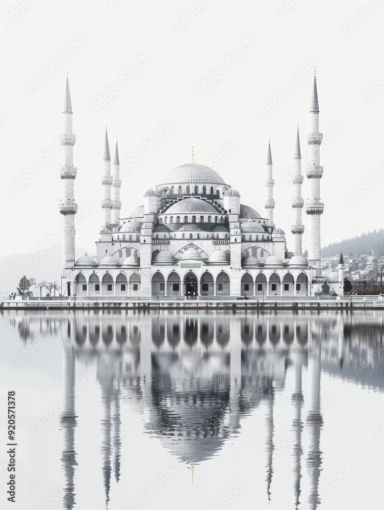 Obraz premium A white mosque with multiple minarets reflected in still water.